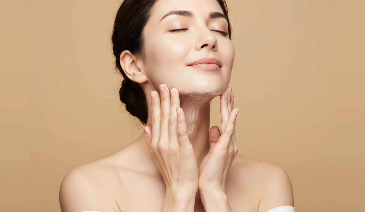 Woman applying Conforma skincare products to neck and jawline
